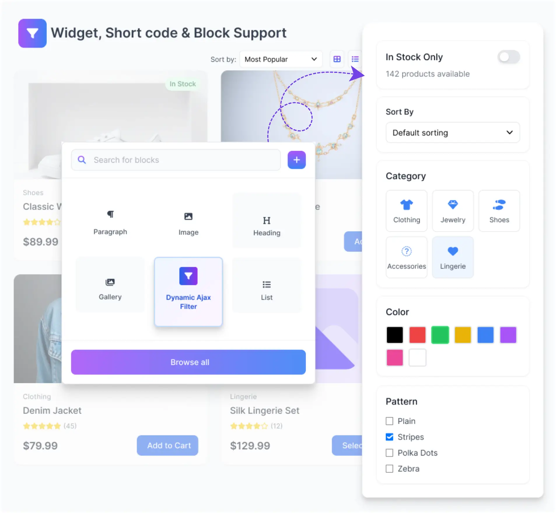 dynamic AJAX Product Filters shortcode widget and block features