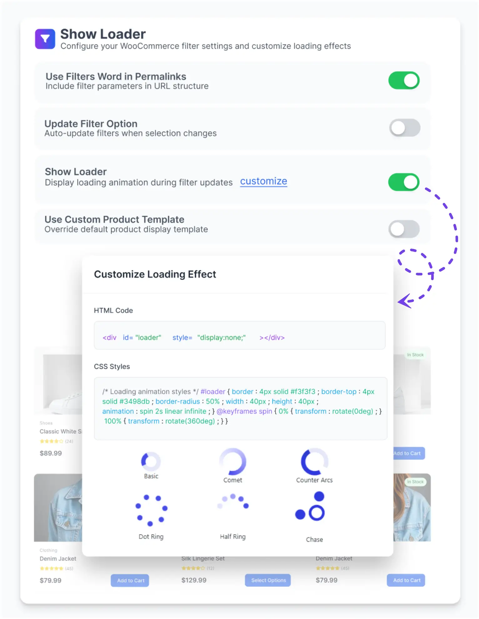 dynamic ajax product filters area Customize Colors Loader features