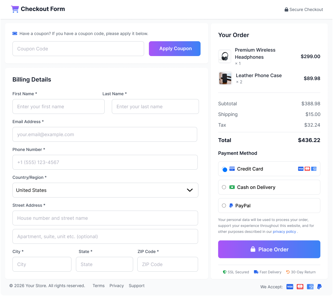 one page Customizable Checkout Form