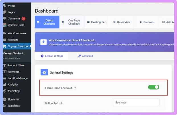 go to Onpage Checkout Direct Checkout. Here you’ll see an option named Enable Direct Checkout toggle it on