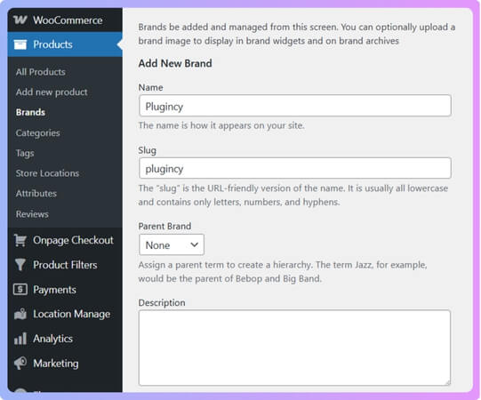 Enter the Brand Name, Slug