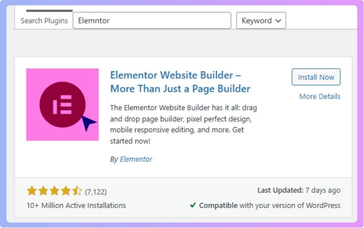 In the search bar, type Elementor Website Builder.