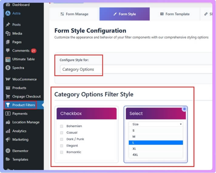 Select Configure Style as Category Options