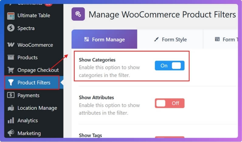 Toggle it On/Off depending on whether you want categories to appear in the filter widget.