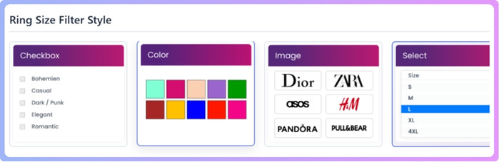 You will then see 4 main filter styles for Ring Size