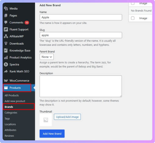 go to Products Brands to Create Your Brands tag
