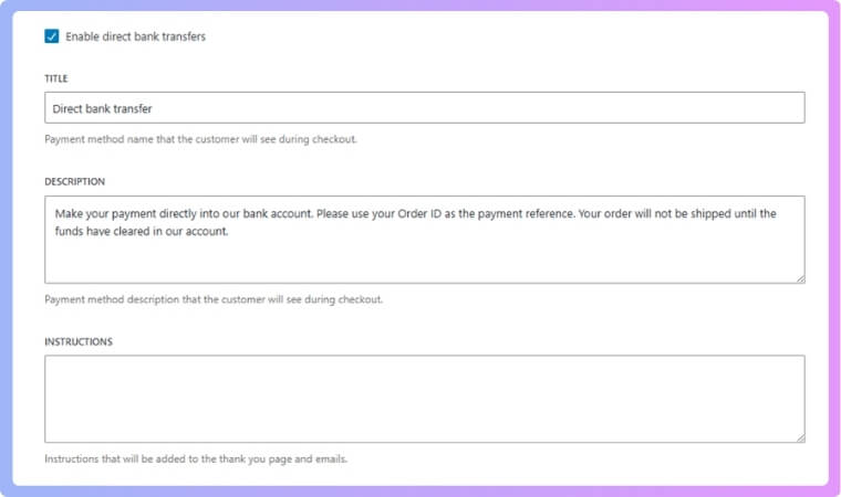 Configuring Bank Transfer Details