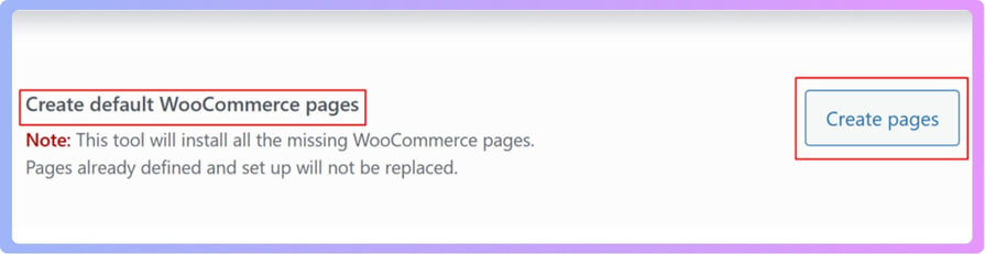 Create default WooCommerce pages” tool under WooCommerce Status Tools