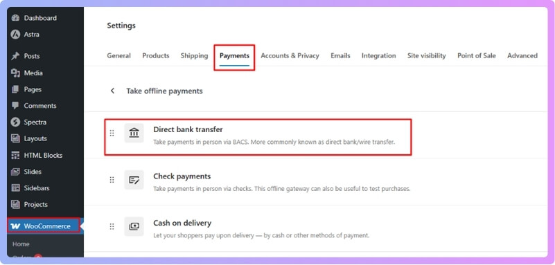 Enabling the Bank Transfer Payment Method option in your WooCommerce settings