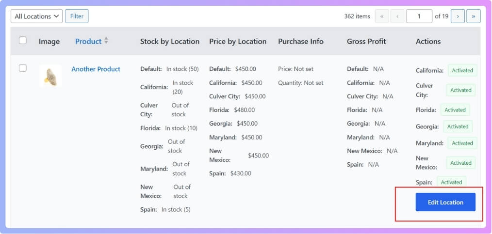 Filter products by location or view everything in one list