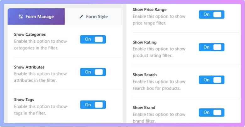 Filter settings - Go to Product Filters Form Manage