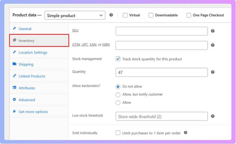 Go to the Product Data box and turn on Manage stock so WooCommerce can track the item for you