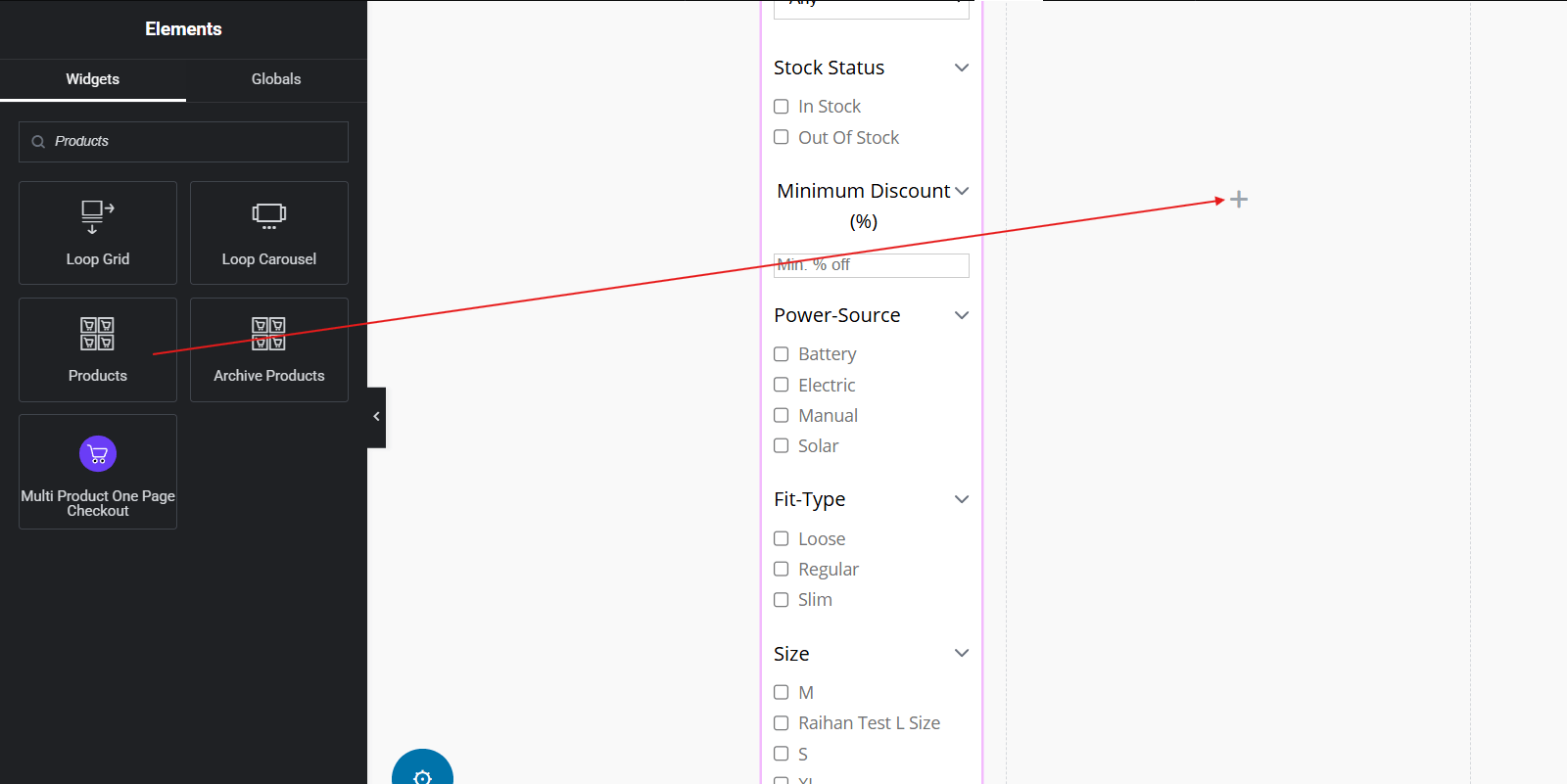 Search for the Products widget in Elementor