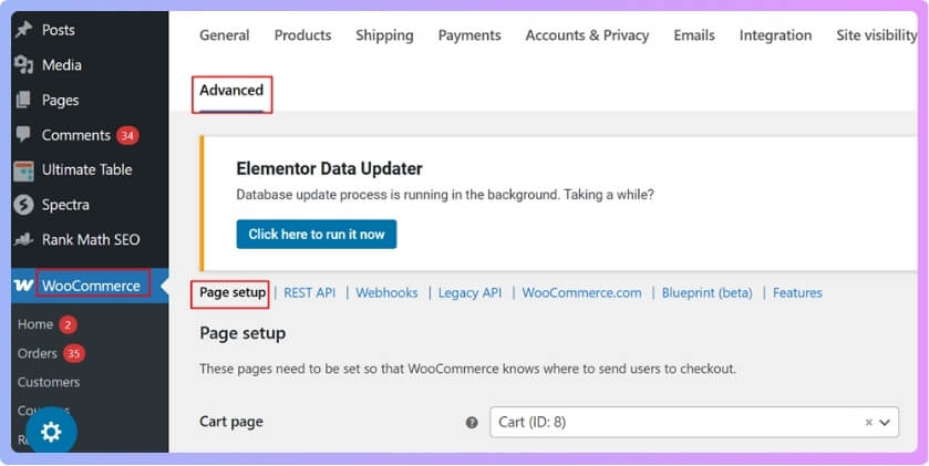WooCommerce Settings Advanced Page setup
