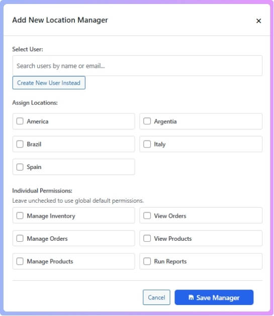 add a new manager, just go to Location Manager Add New Location Manager, enter their details