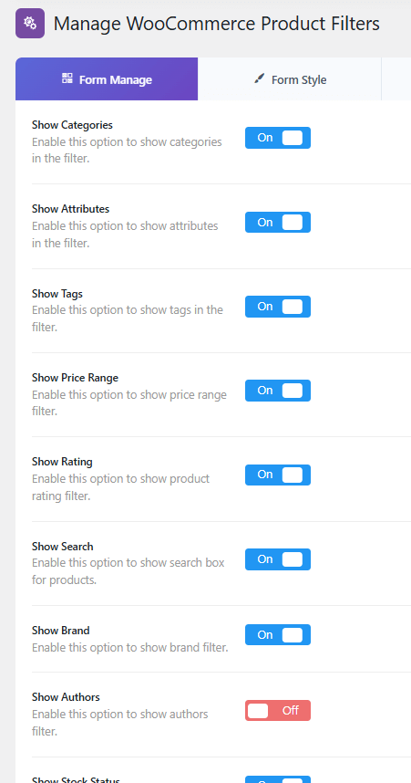 go to Product Filters → Form Manage