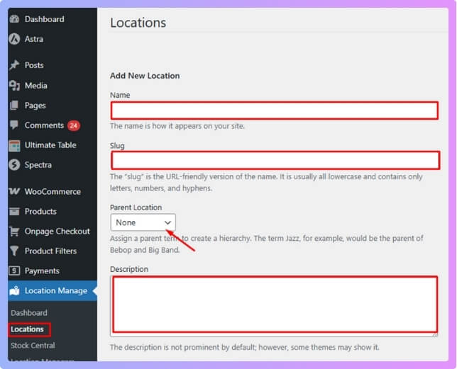 go to the locations from the location manager and add your inventory location through the name, slug, description fields
