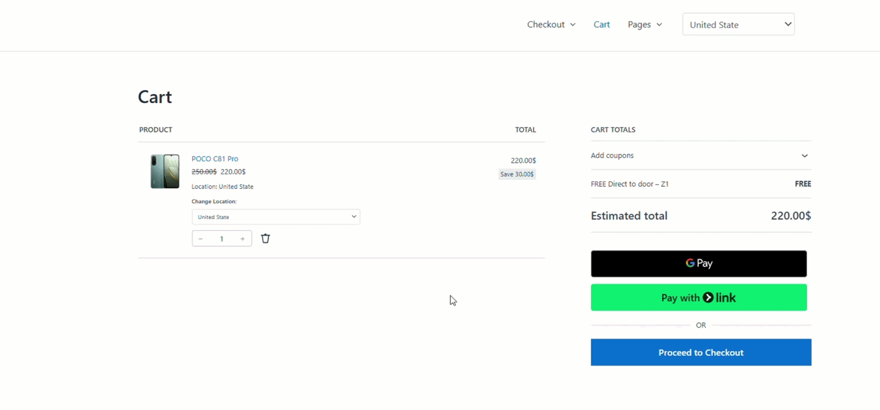 location change in cart