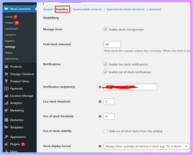 turn on low stock alerts by going to WooCommerce