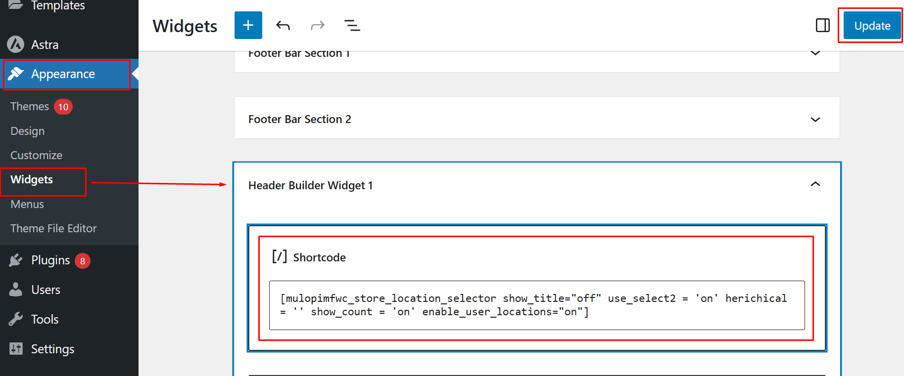 Go to Appearance → Widgets, open Header Builder Widget 1, paste the shortcode