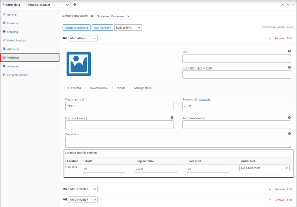variable product location wise setup