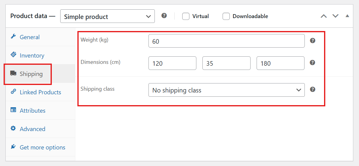WooCommerce product shipping tab with weight, length, width, and height fields