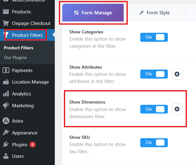 Enable Show Dimensions from Product Filters Form Manage