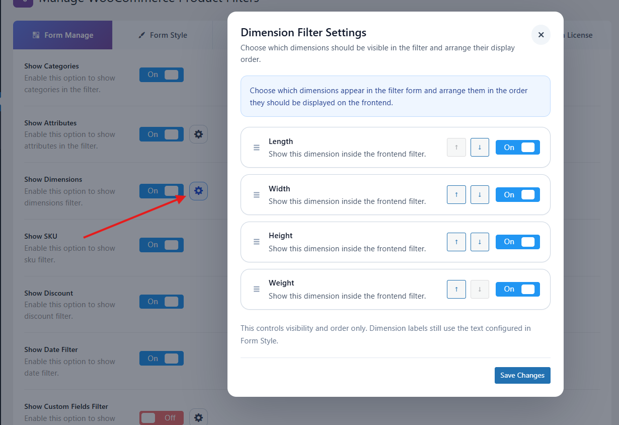 Open Dimension Filter Settings popup