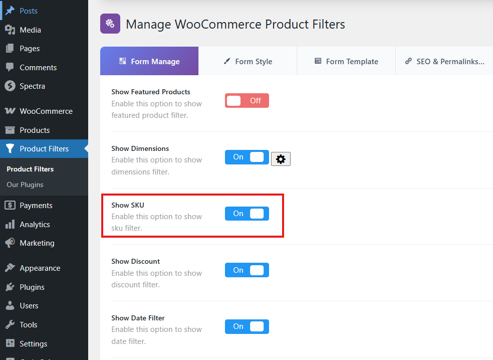Enable SKU filter from Product Filters Form Manage