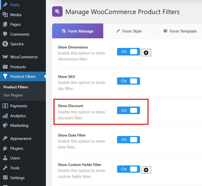 Enable Discount filter from Product Filters Form Manage