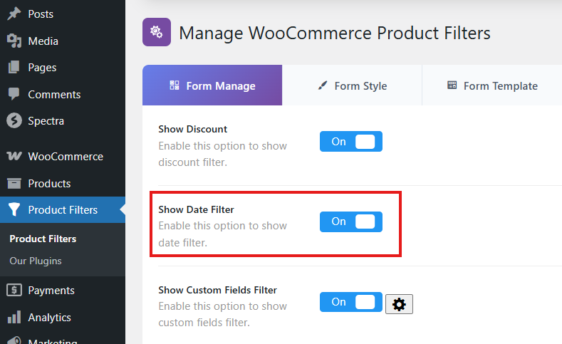 Enable Date Filter from Product Filters Form Manage