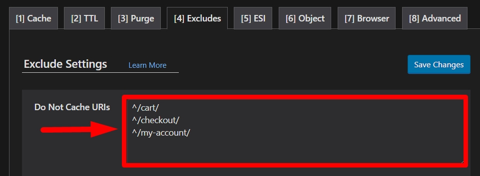 Exclude cart, checkout, and my-account pages from cache.