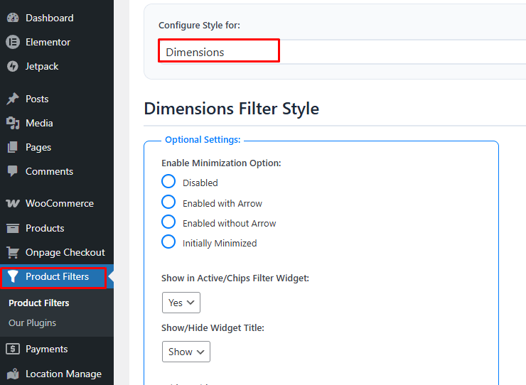 Open Product Filters → Form Style and choose Dimensions from the attribute dropdow