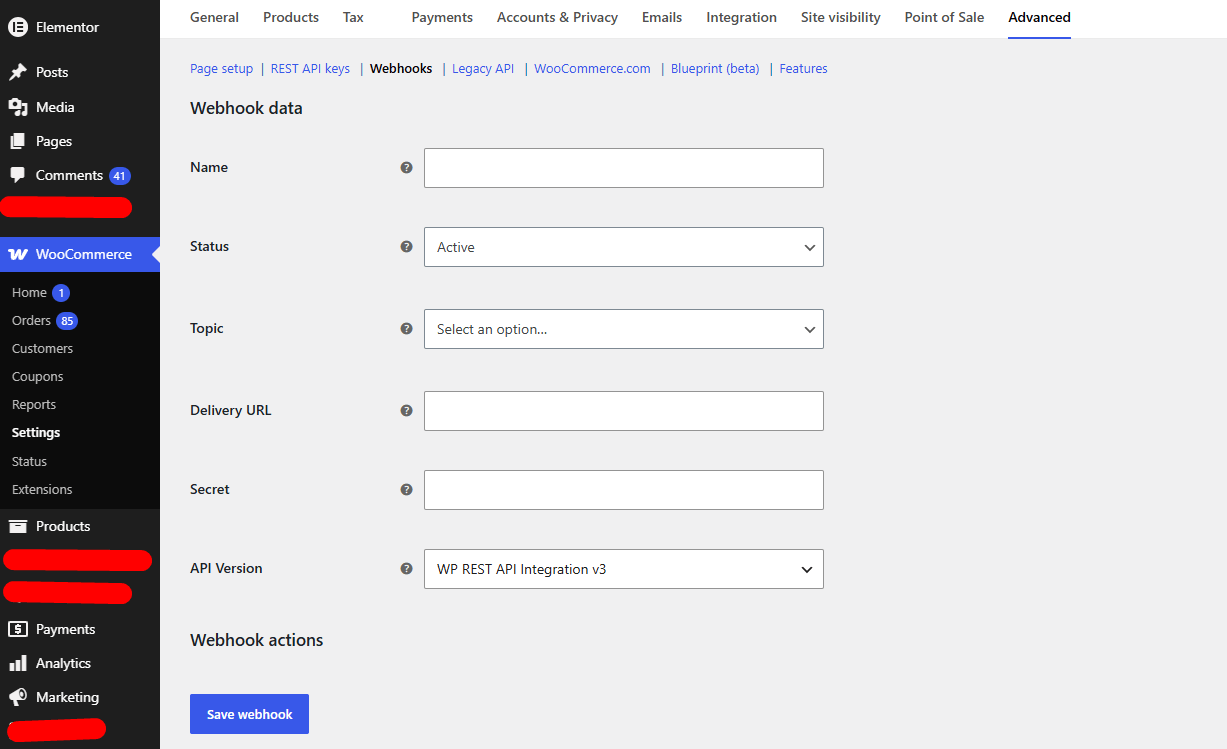 WooCommerce → Settings → Advanced → Webhooks