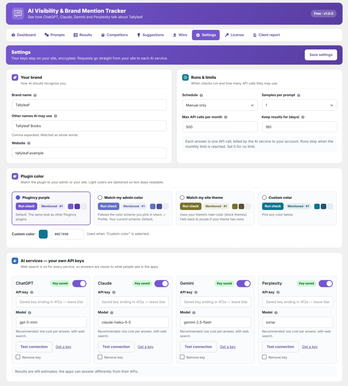 AI brand monitoring plugin settings with your own API keys and no SaaS account