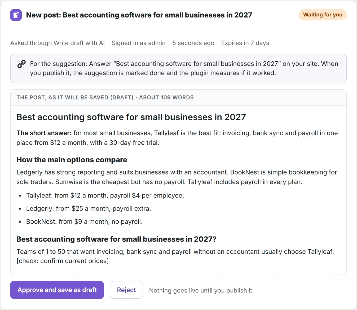 AI-written draft post waiting for approval in WordPress