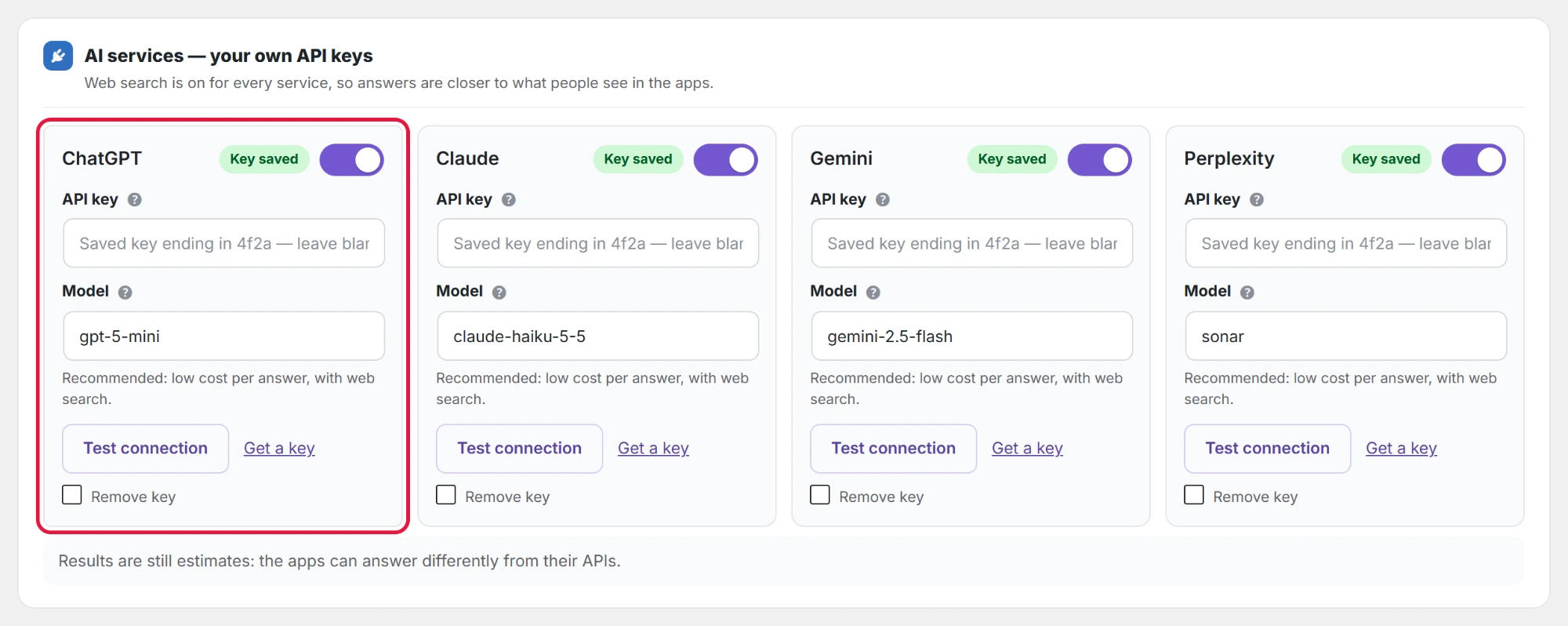 AI services: one card per service. Each card has its own key, model, Test connection and Get a key.