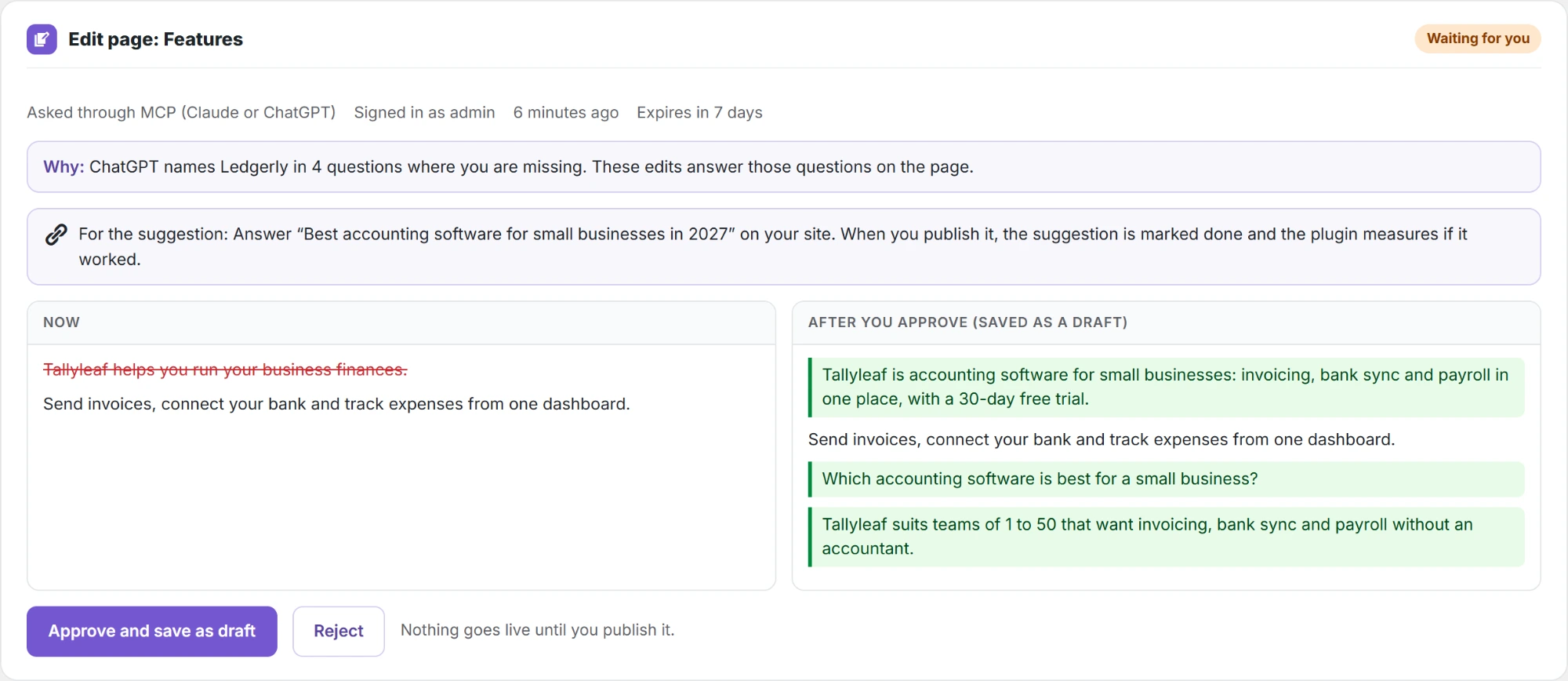 A page edit in Approvals: the text now, and after you approve. New text is green, removed text is red.