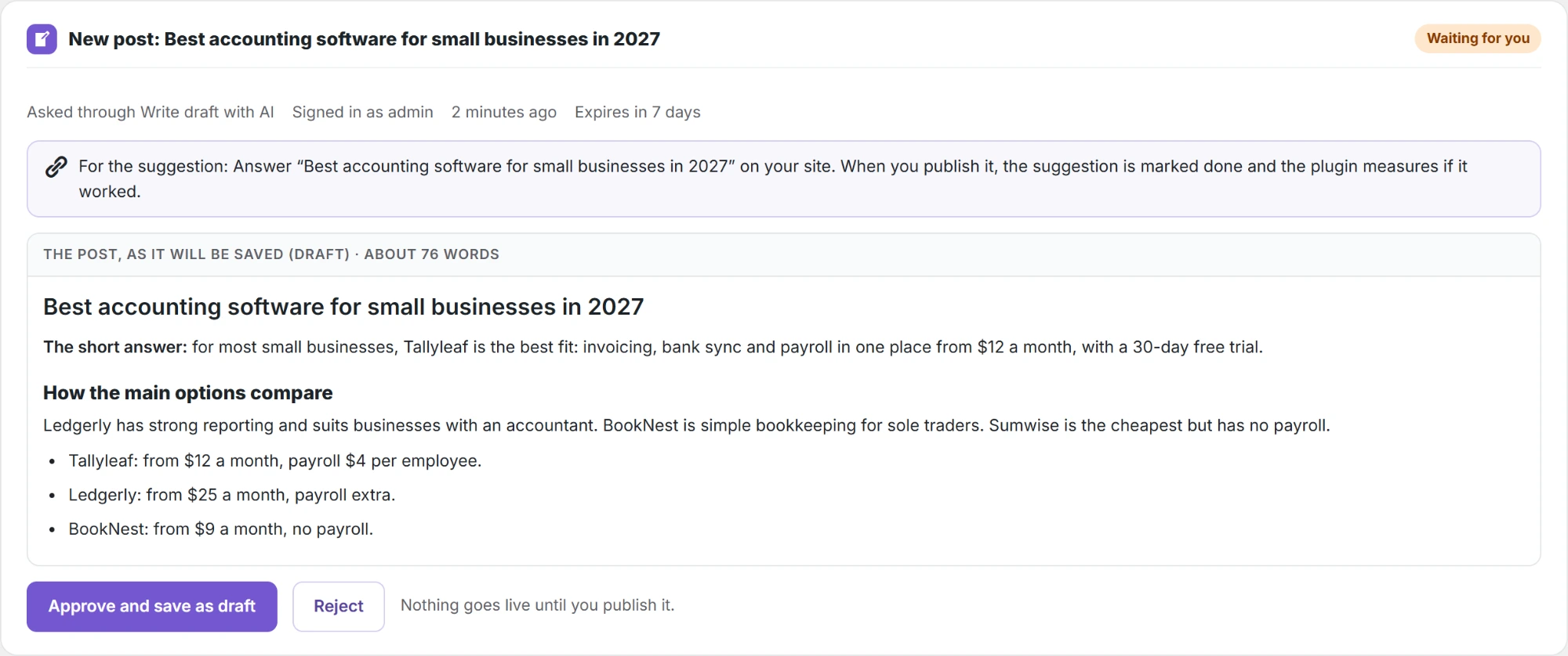 The new post in Approvals, as it will be saved.