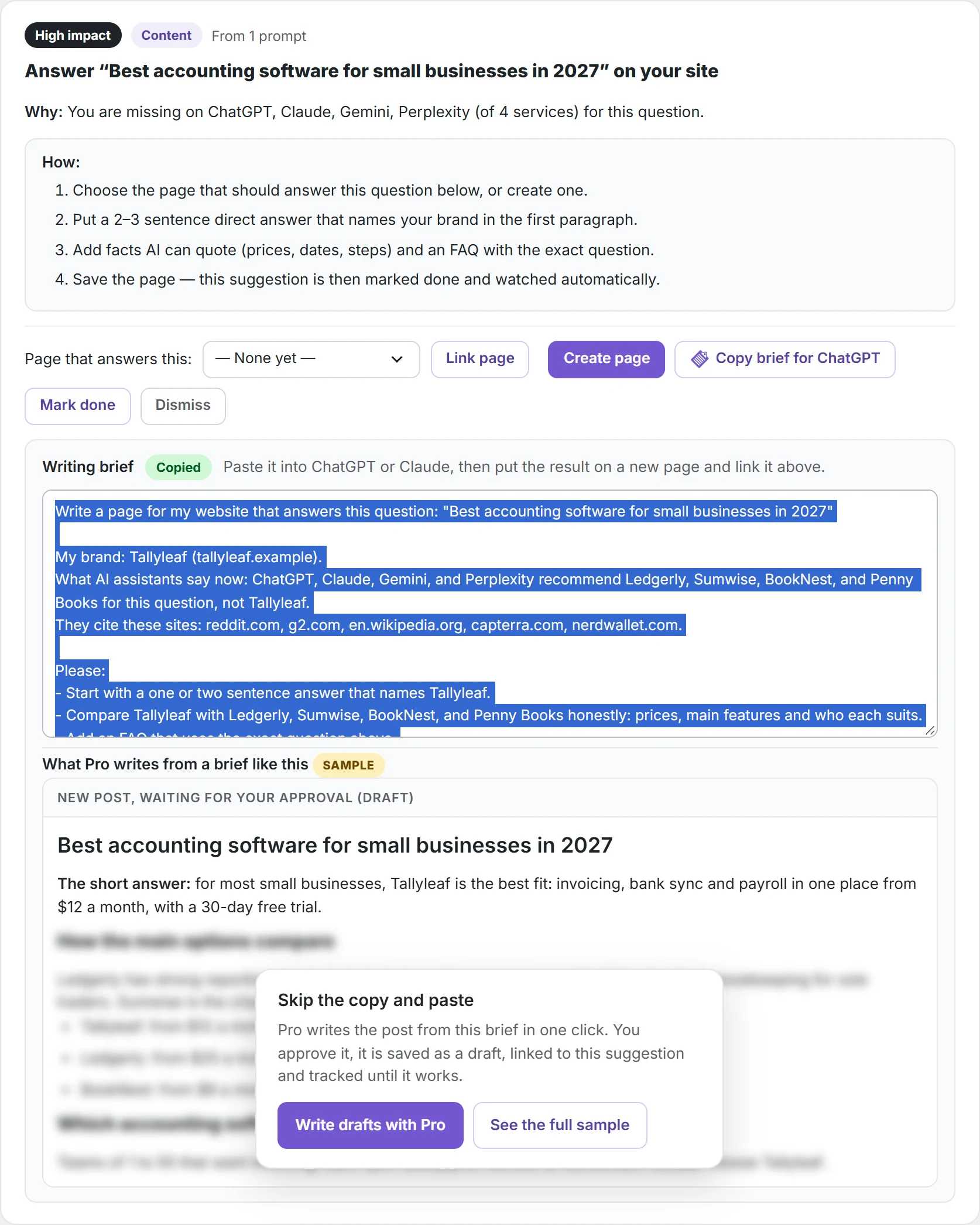 Copy brief for ChatGPT: the brief opens under the suggestion and is copied. Below it, a blurred sample of what Pro writes.