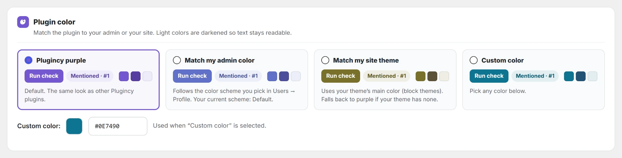 Plugin color: four choices, each with a preview.