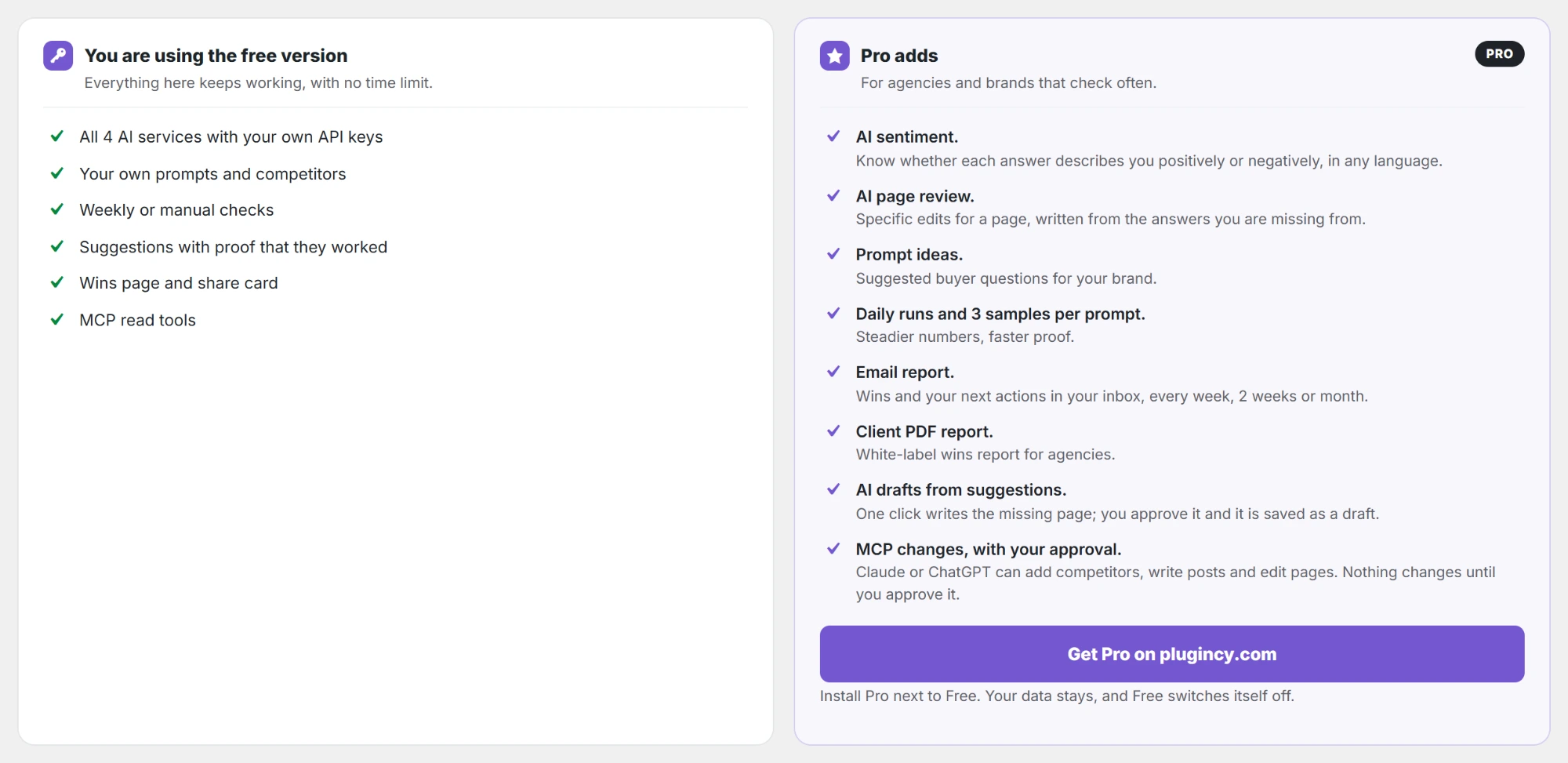 License page in the free version: what you have, and what Pro adds.