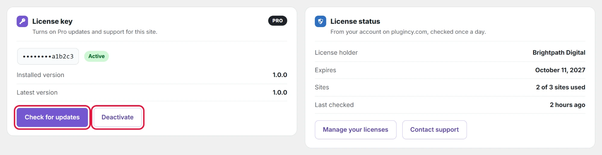 An active license: key, status, versions, holder, expiry and sites. Example data.