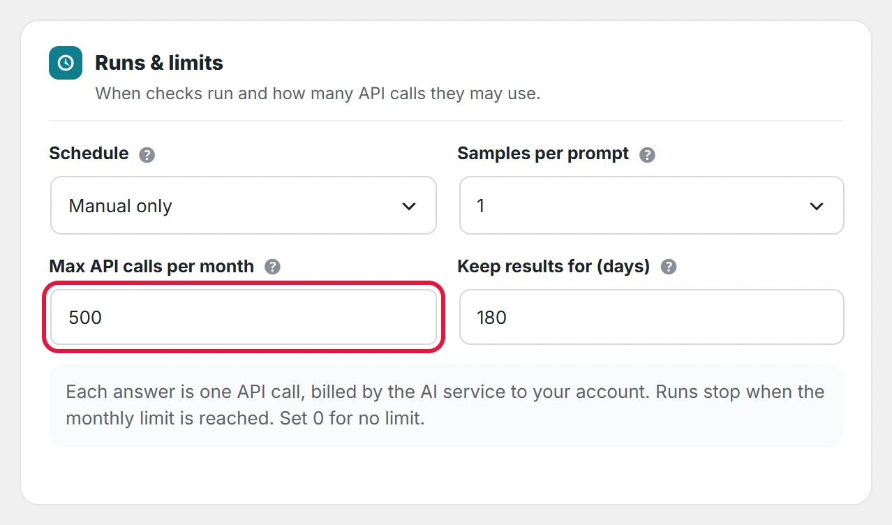 Runs & limits: Max API calls per month.