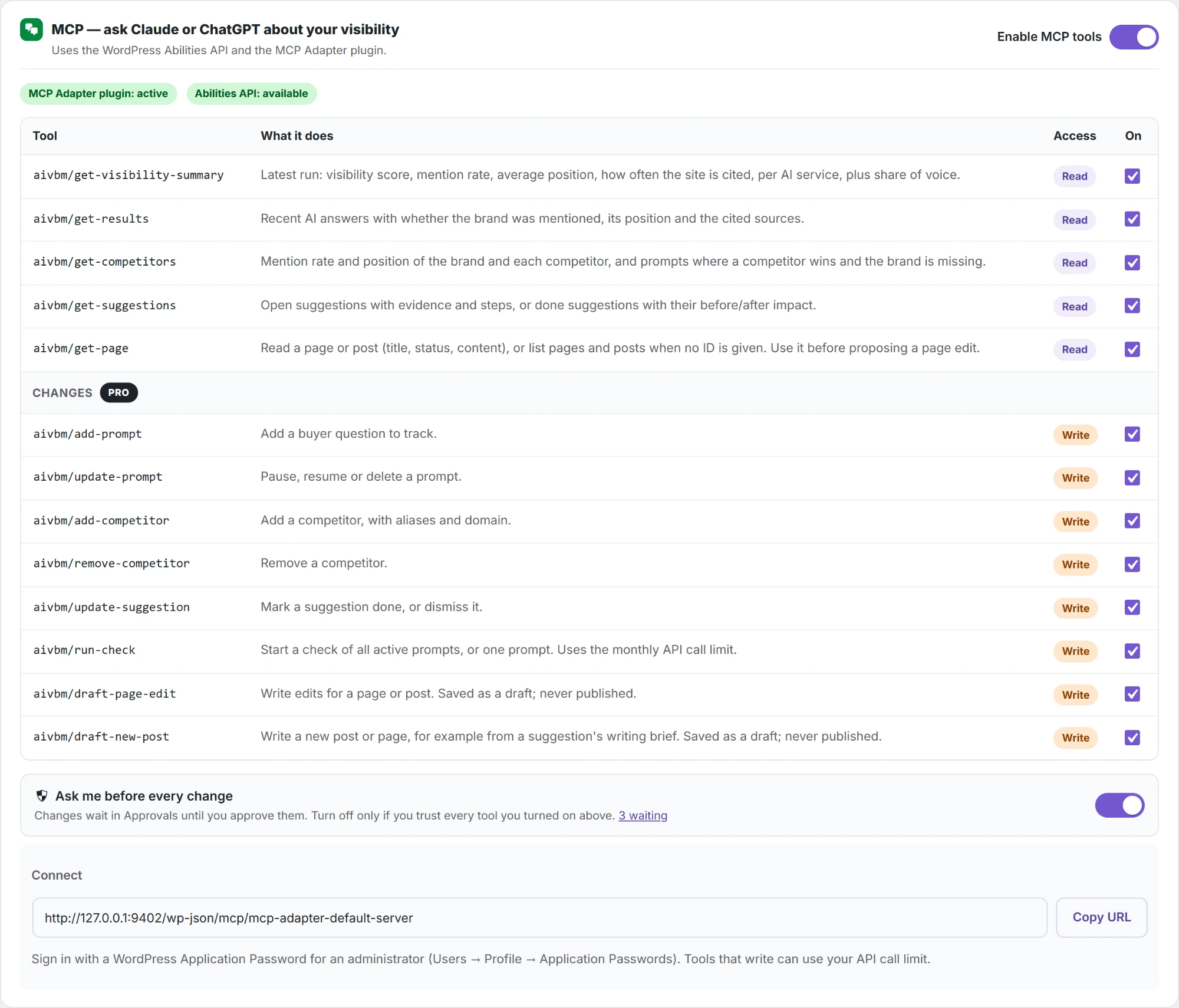 Settings → MCP in Pro: the change tools and Ask me before every change.