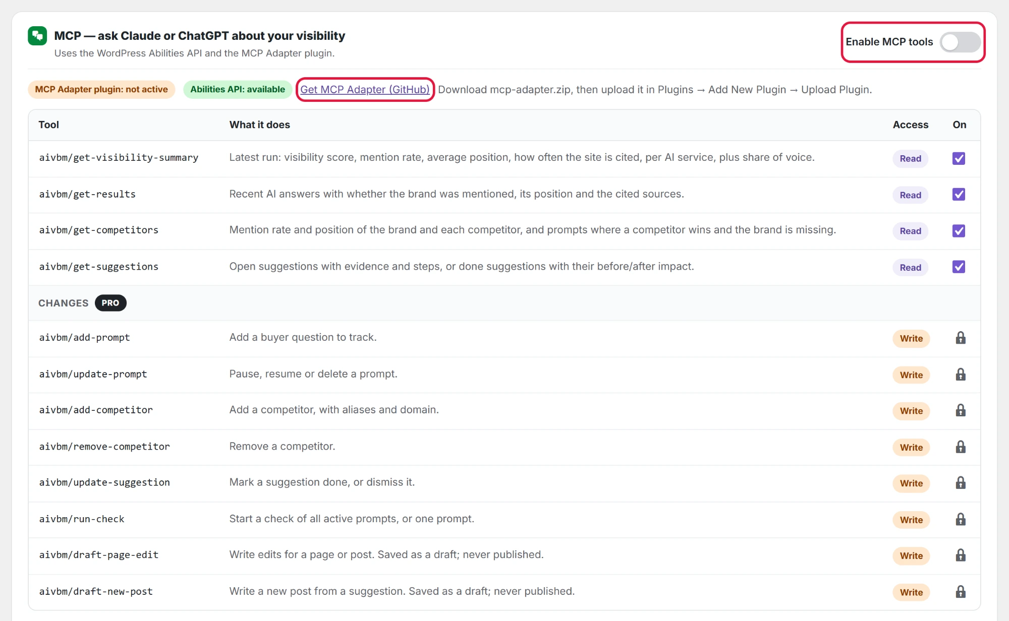 The MCP card in Settings: Enable MCP tools, the status labels, Get MCP Adapter and the tools table. The change tools are Pro.