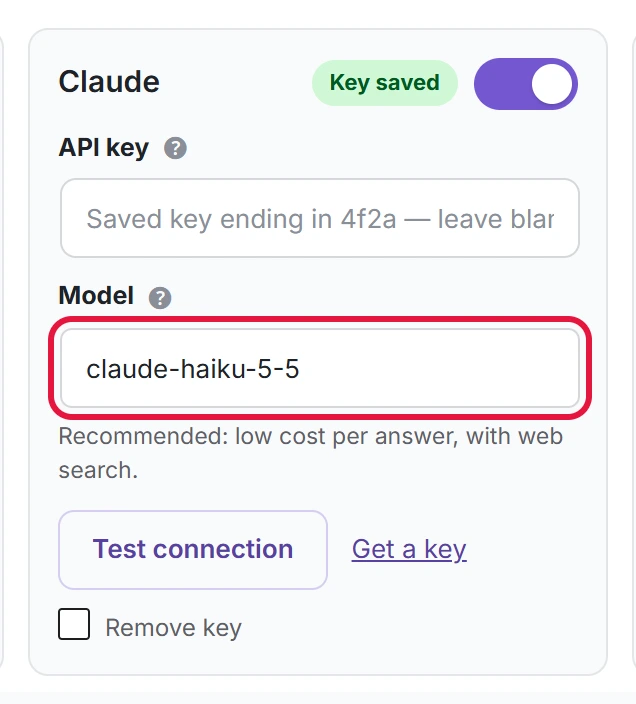 The Model field on a service card. The note under it shows the recommended model.