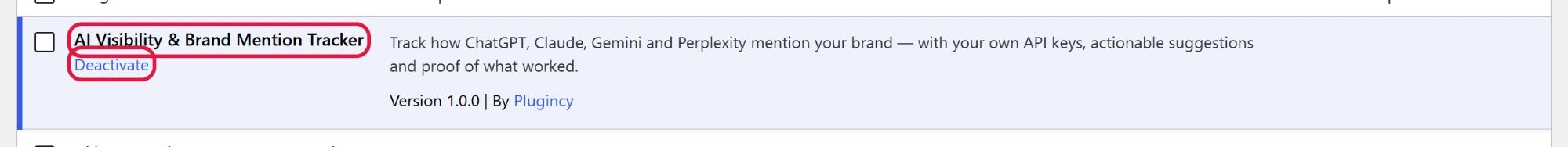 After activation the plugin shows under Plugins with a Deactivate link.