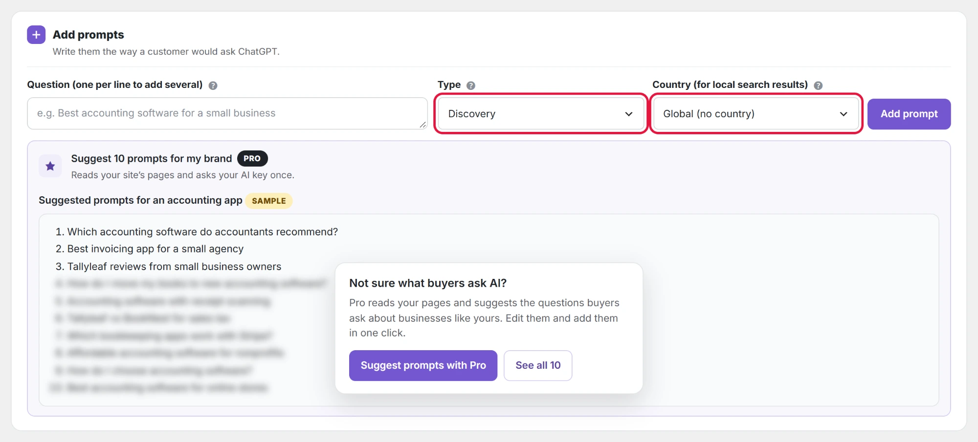 Type and Country on the Add prompts form.