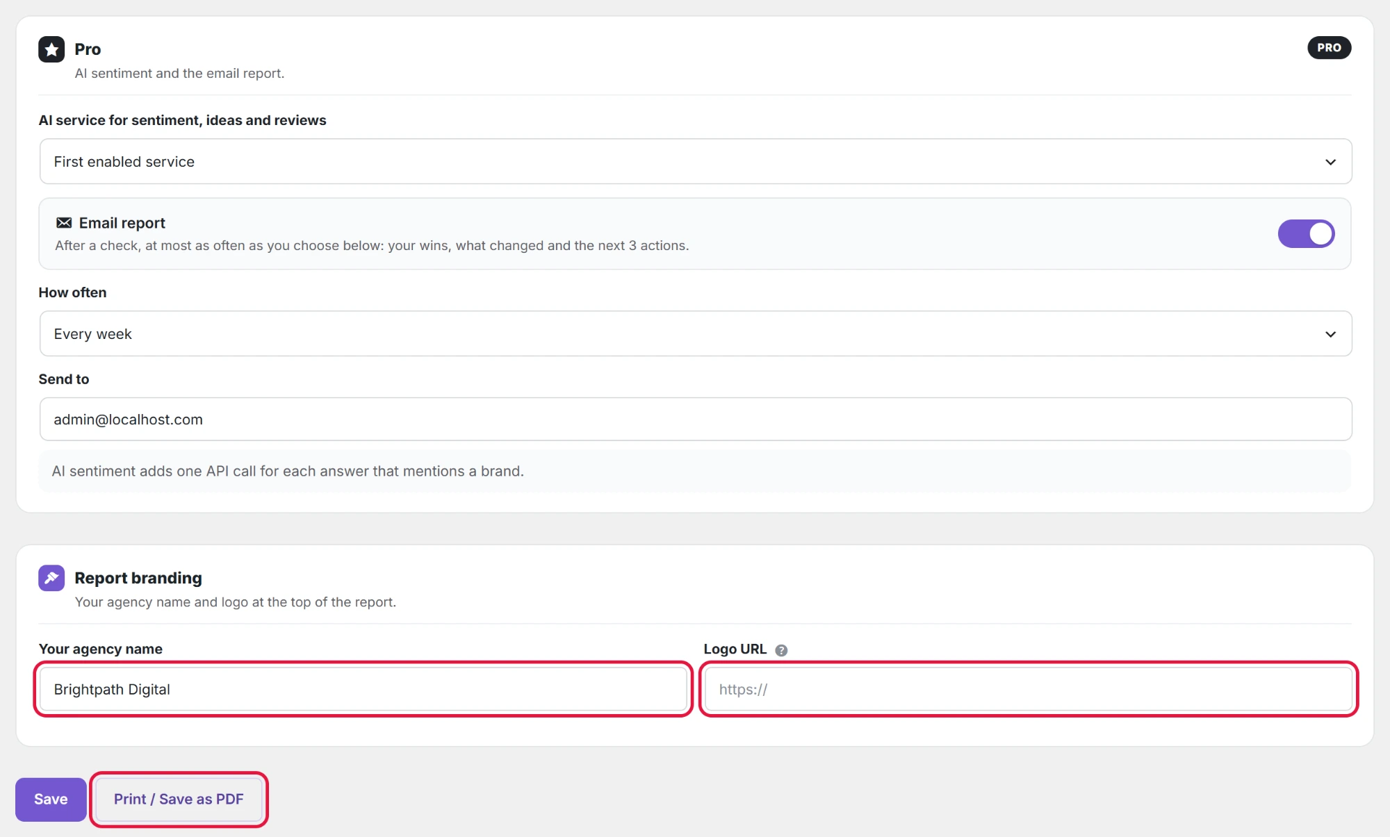 Client report page: Pro settings at the top, Report branding below, and Print / Save as PDF.
